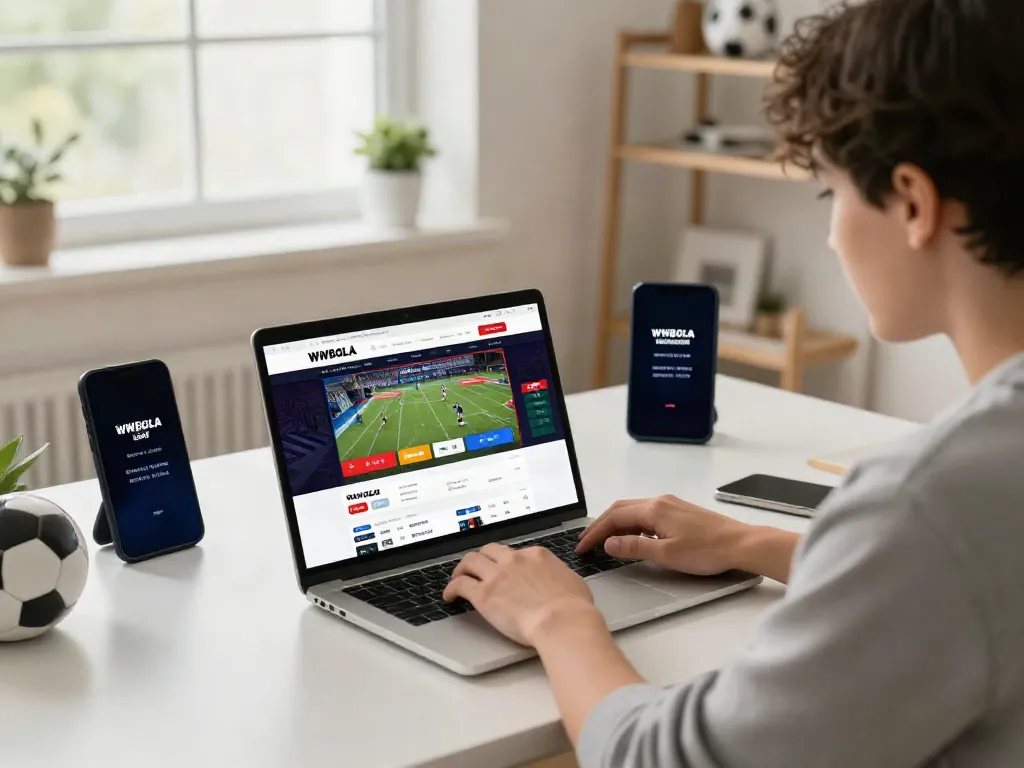 User engaging with the WWBOLA betting platform on a laptop, showcasing vibrant match odds and a lively atmosphere.