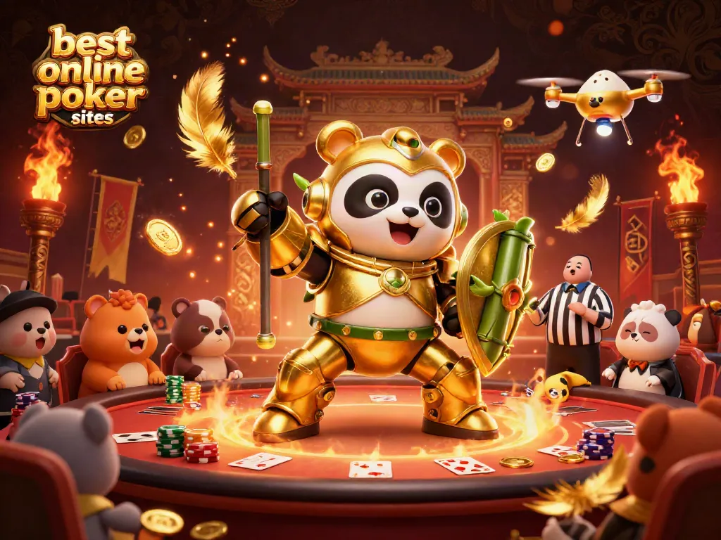 Experience the excitement of the best online poker sites with a 3D illustration of a golden panda and poker elements.