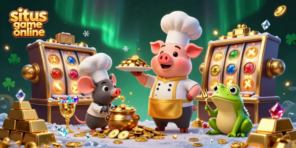 Experience gaming excitement at situs game online with a chef pig serving gold coins, surrounded by slot machines and treasures.