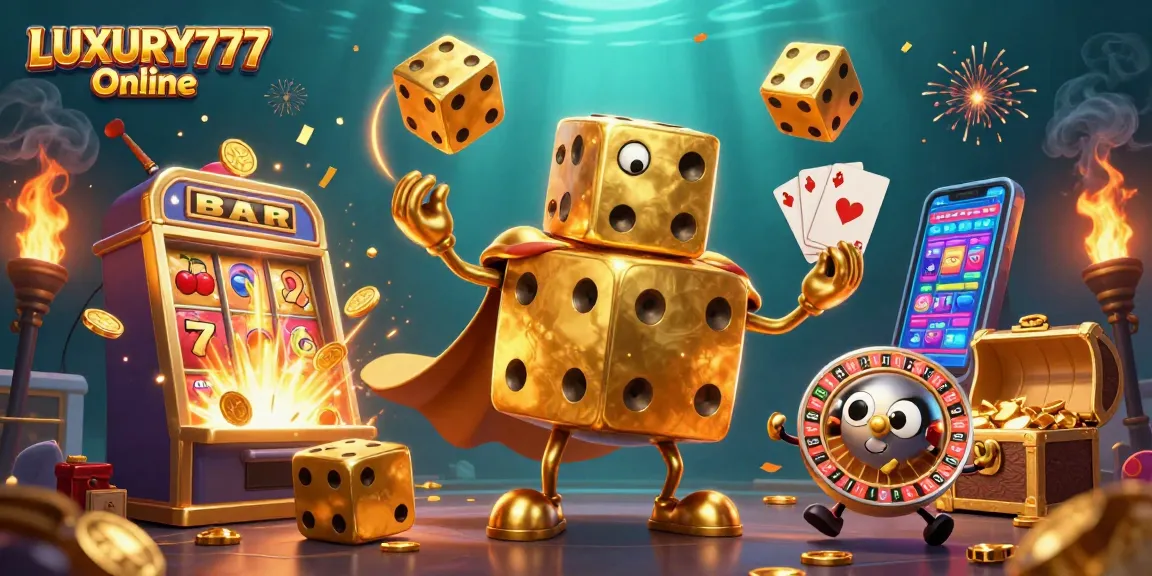 Mengalami keseruan LUXURY777 Online dengan karakter dadu emas 3D dan mesin slot meledak penuh koin.