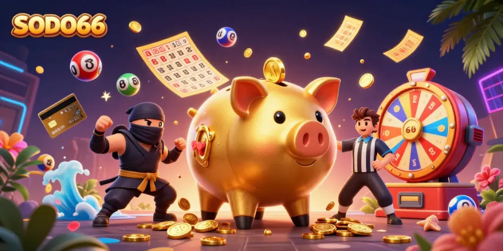 SODO66 casino illustration showcasing playful characters like a piggy bank sumo wrestler with colorful game elements.