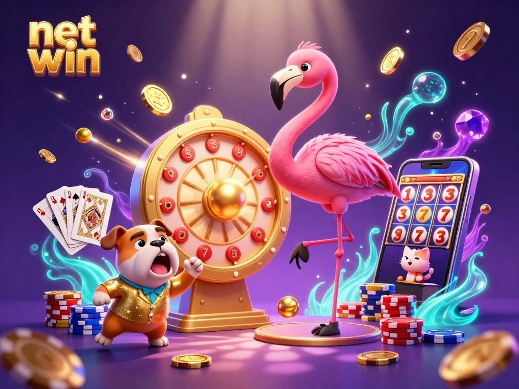 Enjoy a thrilling net win experience with a lively game show scene featuring a flamingo, bulldog, and prizes.