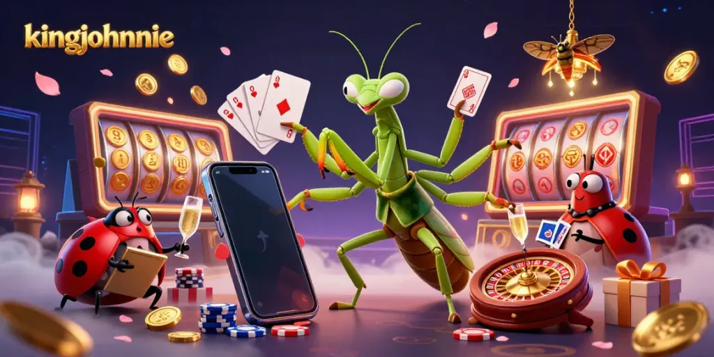 Experience thrilling action at kingjohnnie with a vibrant scene of card dealing, chips, and slot games.