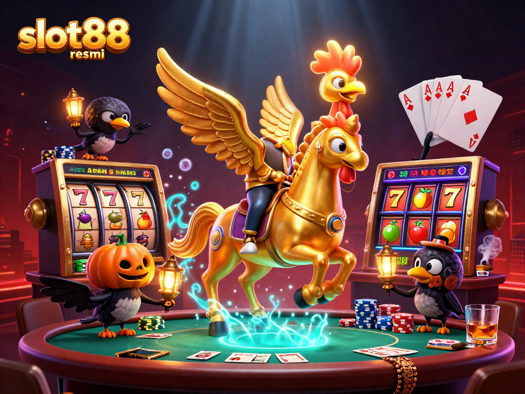 Experience thrilling wins at slot88 resmi with a golden rooster in a vibrant casino scene.