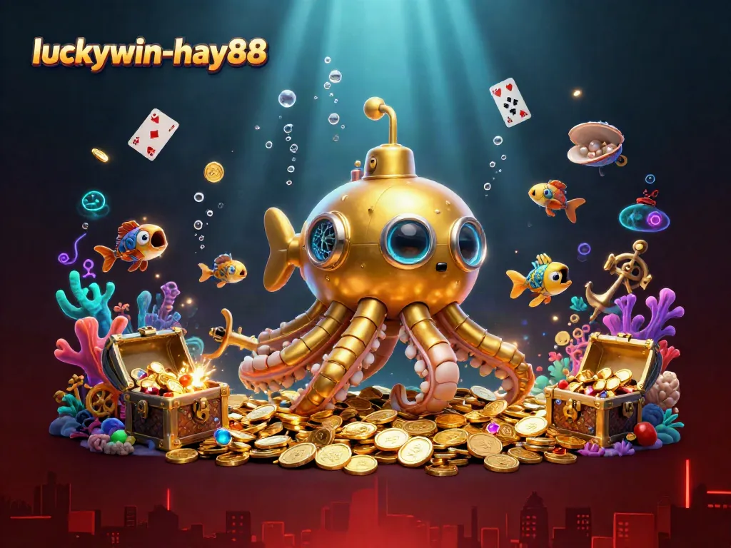 Engage with the luckywin-hay88 adventure featuring a golden kraken submarine amidst treasures, mechanical fish, and vibrant colors.