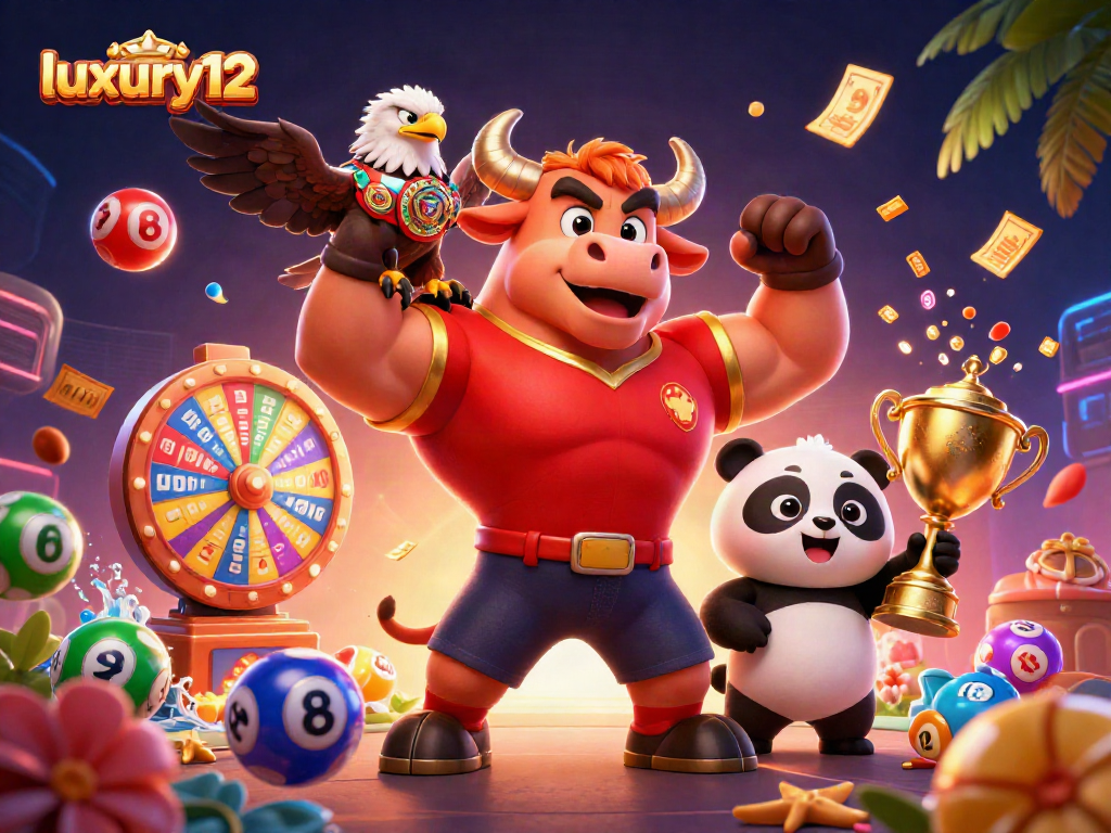 luxury12 celebrates winning strategies with an exciting 3D casino illustration featuring a cartoon bull, eagle, and panda