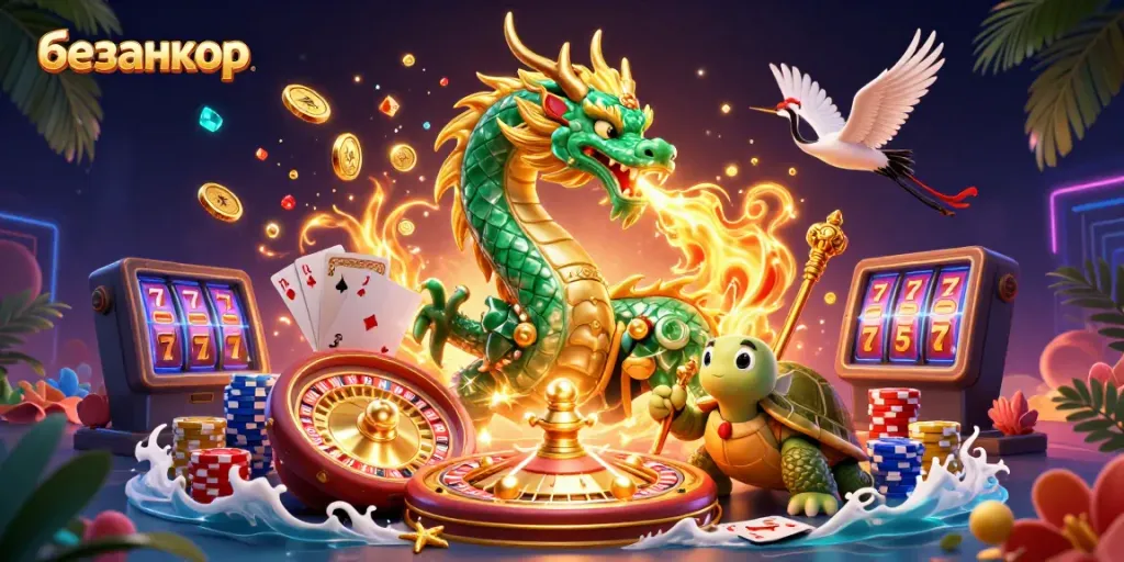Engage in extraordinary gaming thrills with безанкор, featuring a majestic jade dragon and vibrant casino elements.