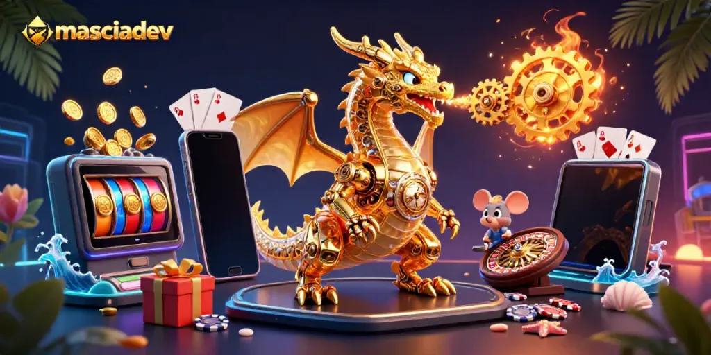 Engage with masciadev's thrilling gaming scene featuring a dragon and dynamic slot elements.
