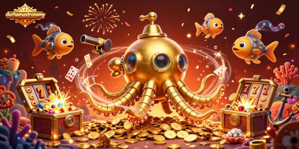 Engage with durhamastronomy as a golden kraken submarine explores a vibrant underwater casino world.