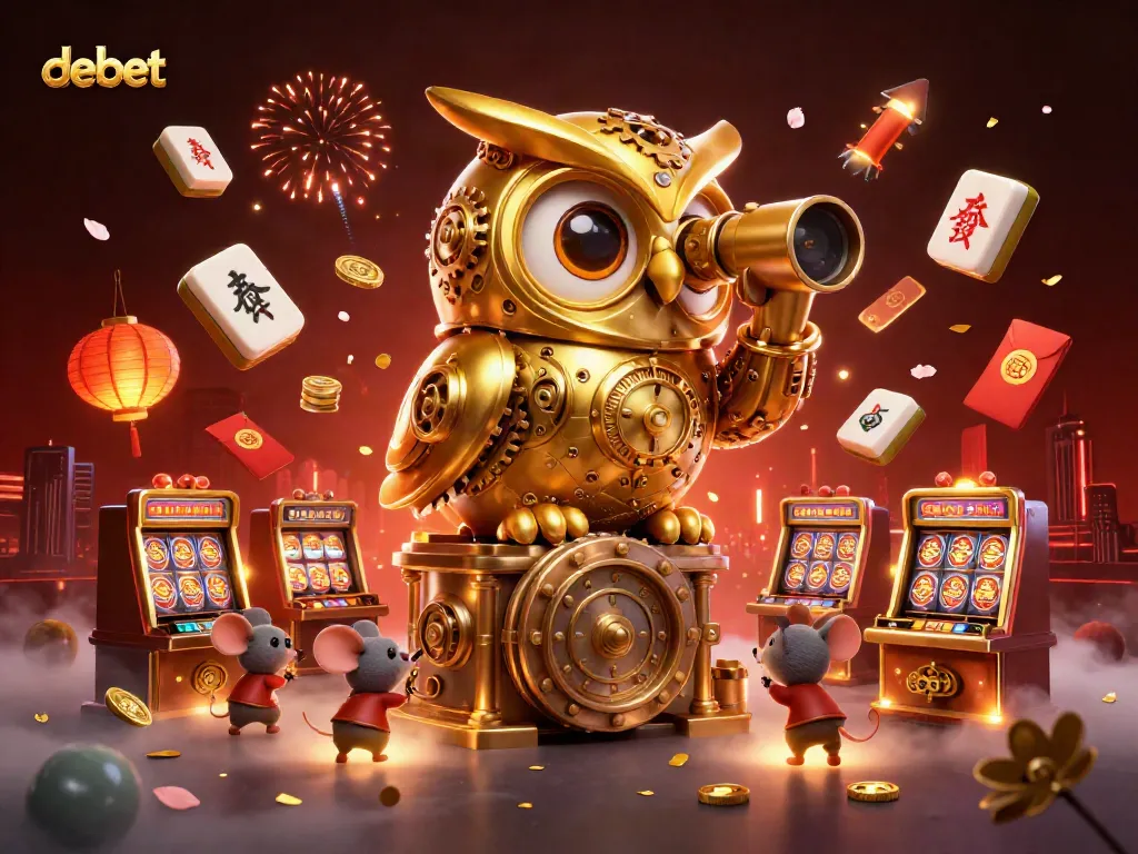 Engage with debet at this vibrant casino scene featuring a golden owl and playful mice.