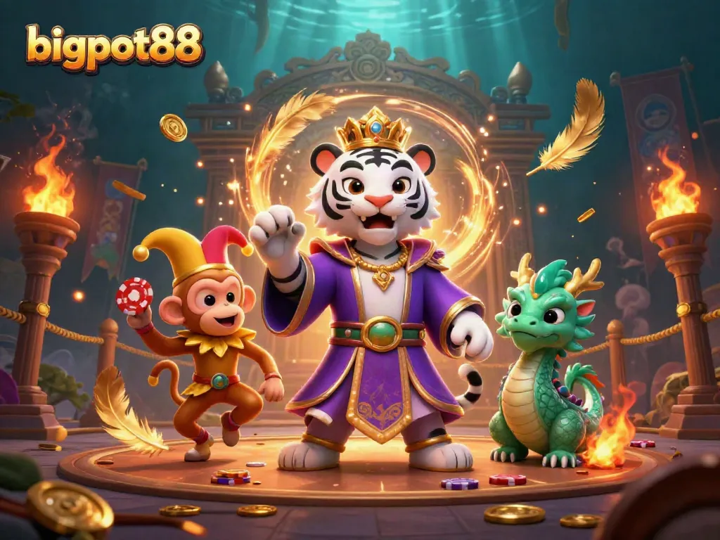 bigpot88 menghadirkan pengalaman judi menarik dengan macan putih dan monyet di arena berapi-api.