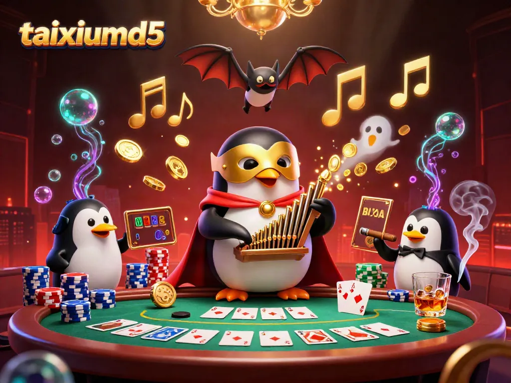 Casino action featuring taixiumd5, a penguin playing organ while gold coins rain down.