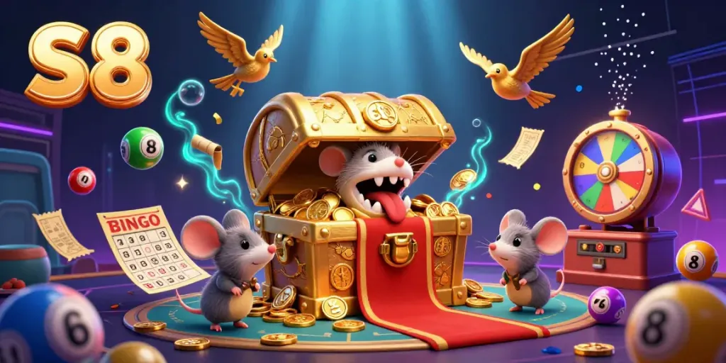 Engage with the vibrant S8-themed gambling scene showcasing adventure and excitement in a 3D illustration.