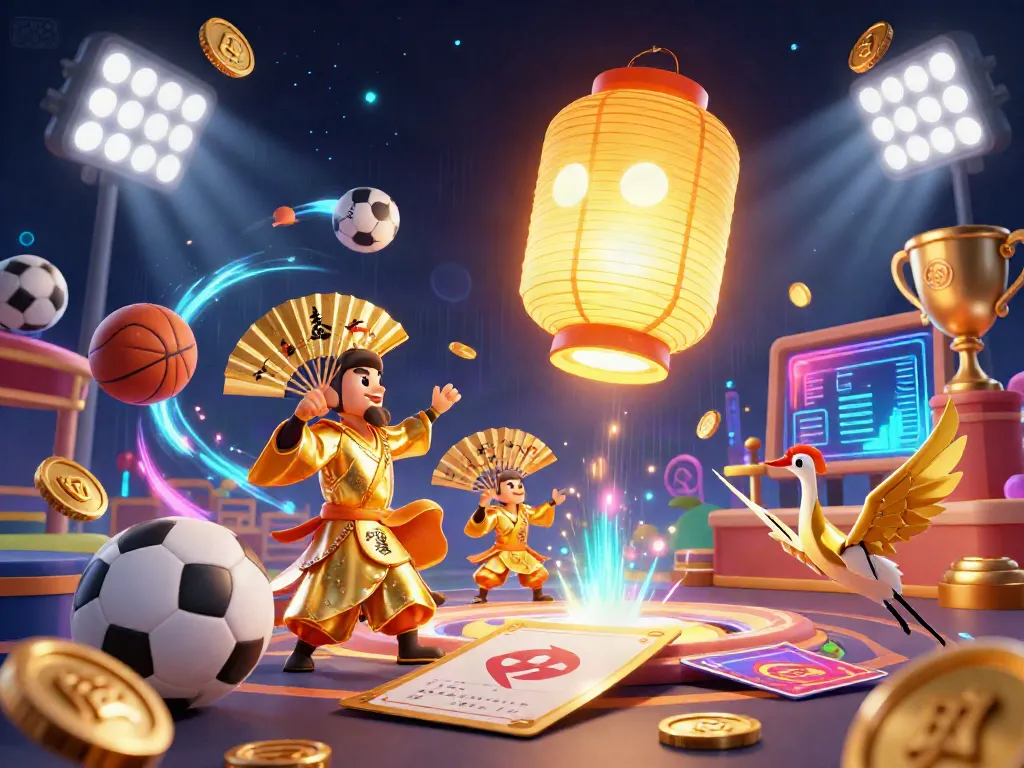 Engage with ta88's online casino offerings featuring golden lanterns and dynamic sports elements in a vibrant illustration.