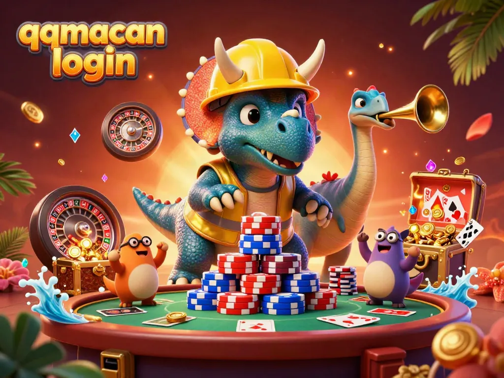 Experience the thrilling qqmacan login in a dynamic casino scene with animated dinosaurs celebrating a jackpot.