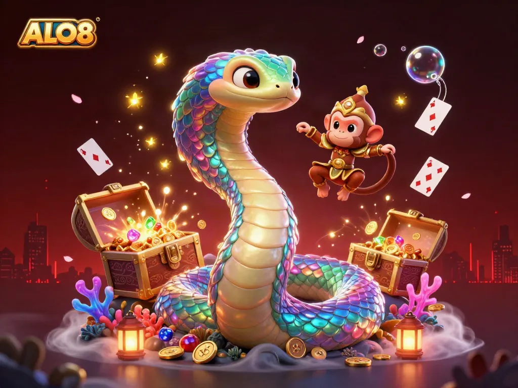Experience thrilling gameplay at ALO8 with a dynamic casino-themed 3D illustration showcasing vibrant characters and magical elements.