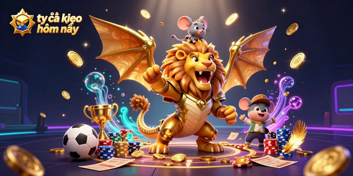 Tỷ lệ kèo nhà cái hôm nay illustrated with a triumphant chimera, sports betting elements, and rich casino visuals