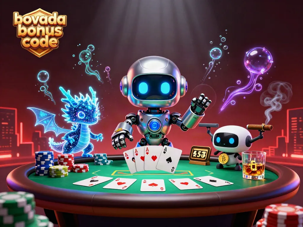 Engage with Bovada bonus code excitement featuring a neon cyberpunk robot at a vibrant poker table.