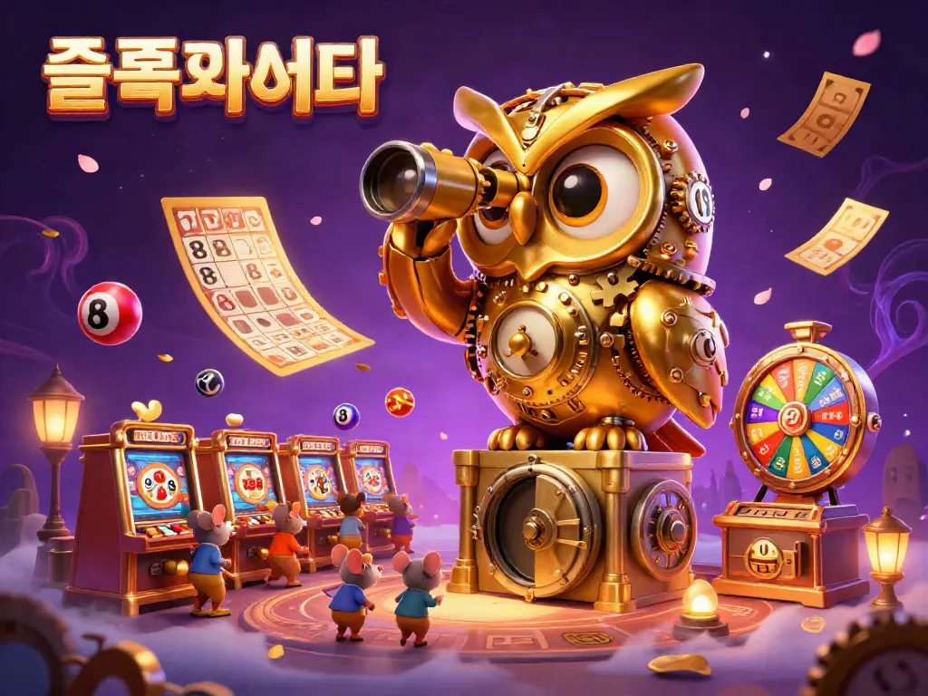 슬롯사이트에서 화려한 슬롯머신 씬을 탐색하는 금빛 부엉이와 바닥을 스캔하는 스카우트 마우스들.