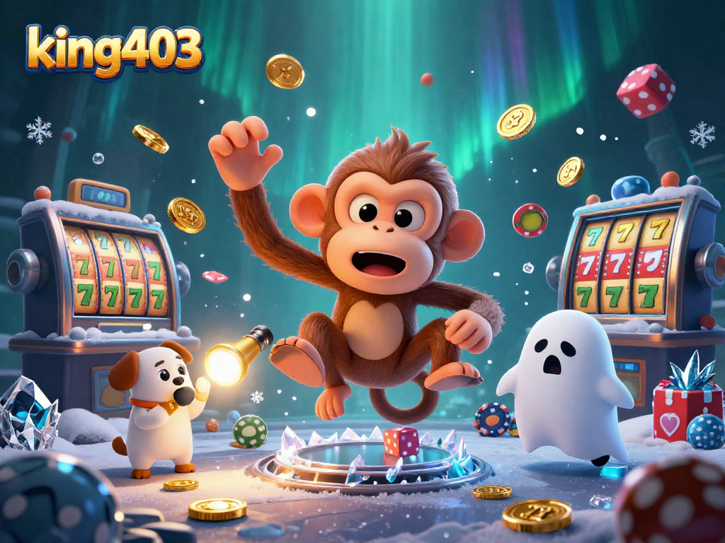 king403 reveals a mischievous poltergeist monkey juggling golden items in a vibrant haunted casino.