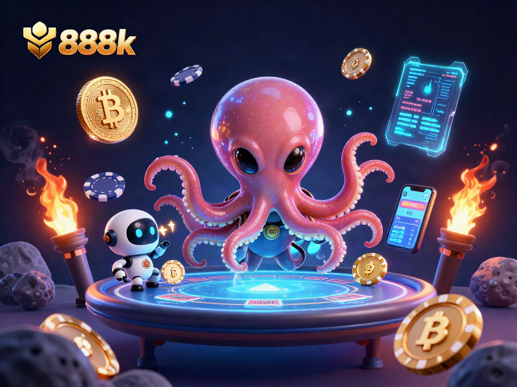 Engage with the thrilling casino atmosphere of 888k as a vibrant alien octopus plays poker in a cosmic setting.