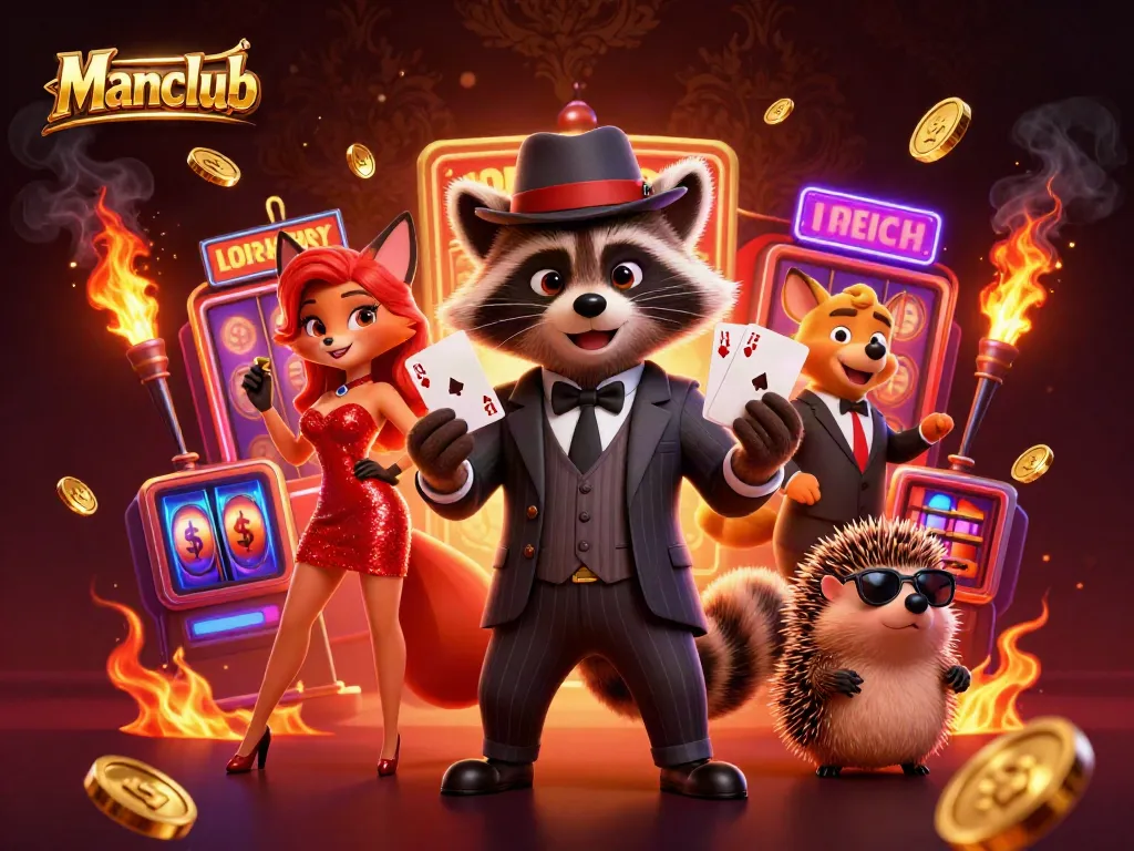 Engaging scene featuring Manclub characters showcasing gambling excitement, highlighting slot machine elements and dynamic action.