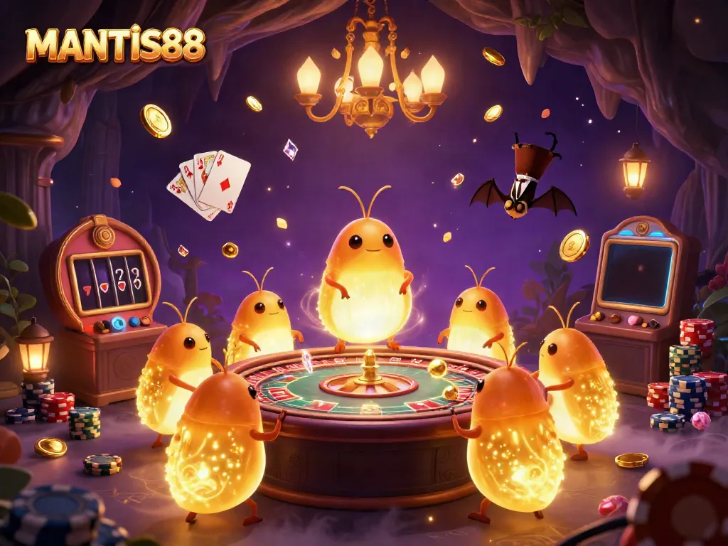 Experience engaging gameplay at MANTIS88 with this immersive illustration depicting a vibrant cave casino.