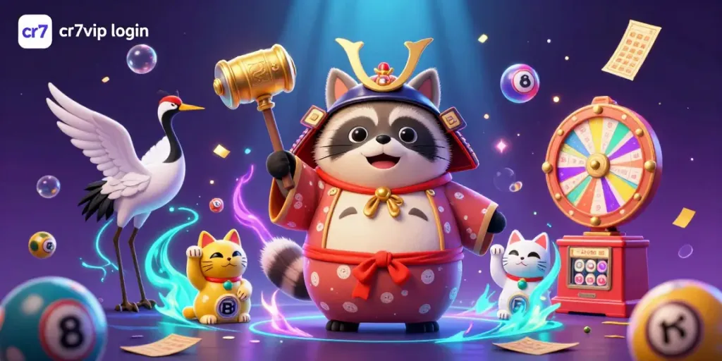 Ilustrasi digital 3D yang mengundang semangat perjudian dengan karakter ceria tanuki dan elemen cr7vip login yang menarik.