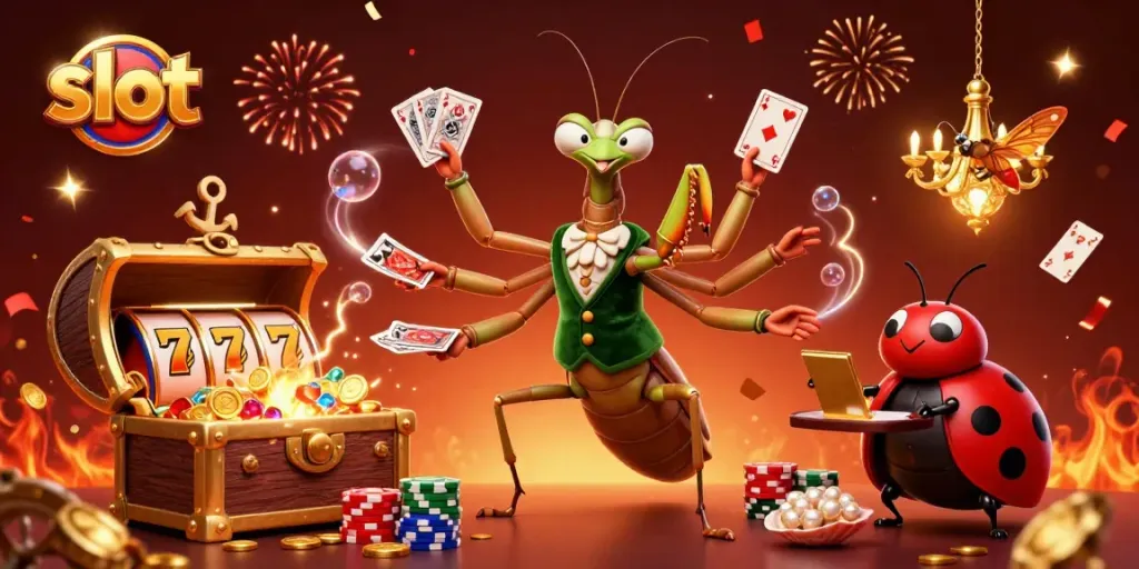 Spin the slot with a cheerful praying mantis dealer among vibrant casino elements.