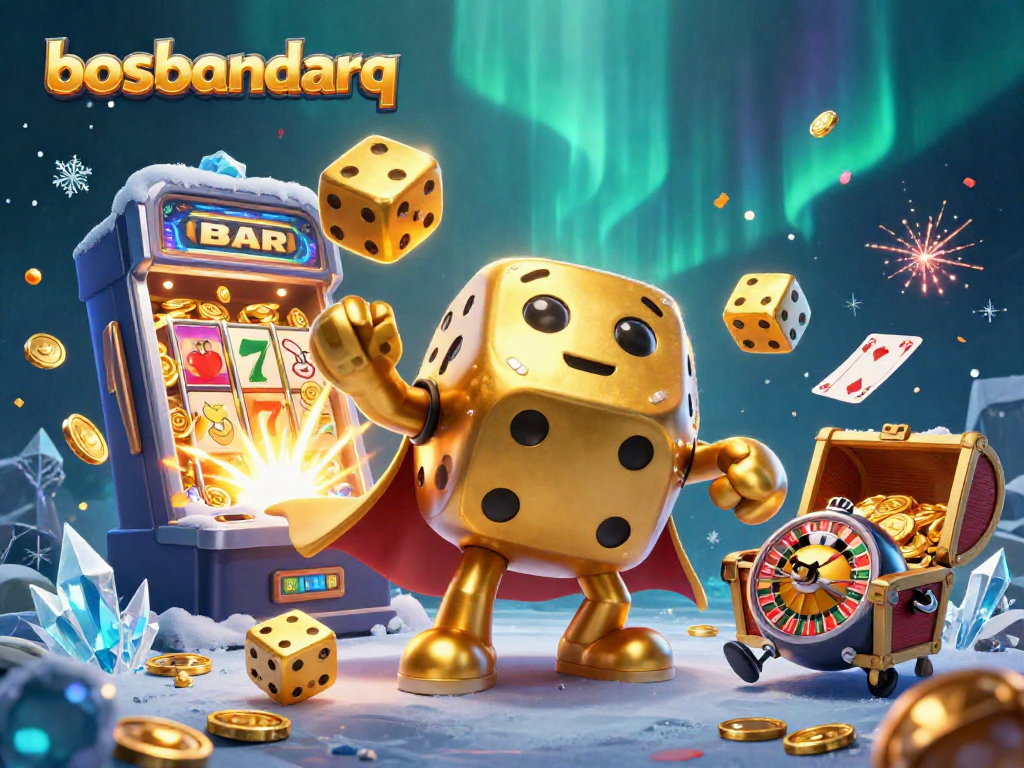 Experience exciting gameplay at bosbandarq with dynamic casino elements featuring golden dice, slot machines, and vibrant action.