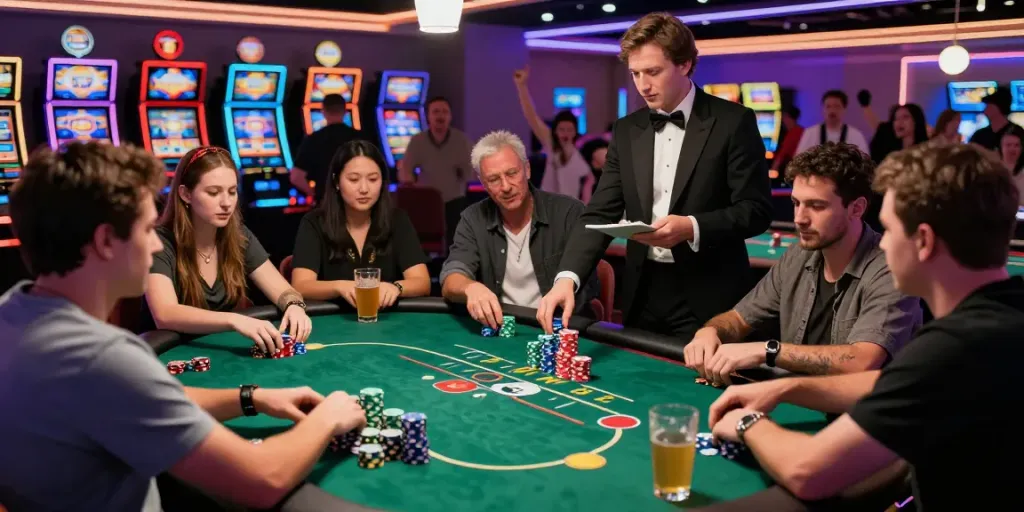 Hotslots Casino-Spieler um einen Pokertisch mit bunten Chips in lebhafter Atmosphäre.