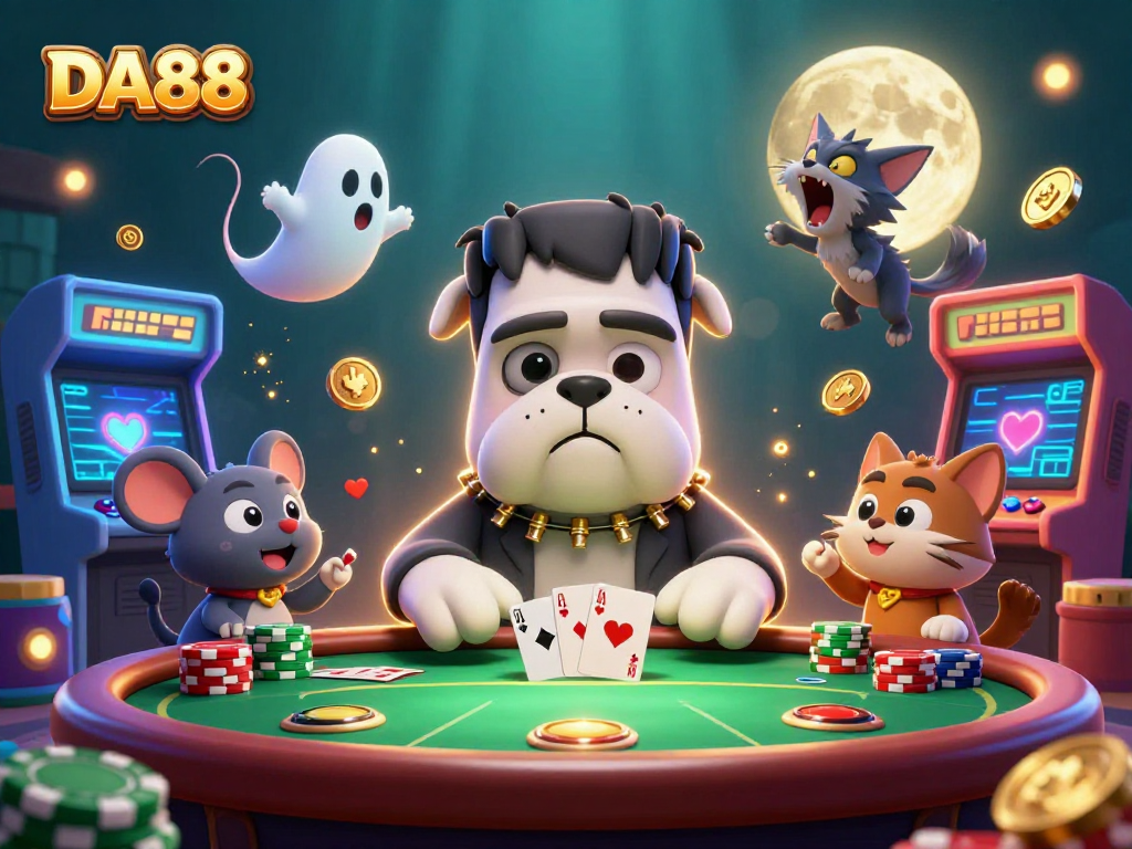 Experience thrilling poker action as DA88's Frankenstein bulldog dealer interacts with a ghost mouse and a werewolf kitten in vibrant casino atmosphere.