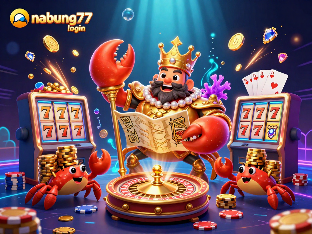 Nabung77 login scene featuring a golden crab emperor presiding over joyful slot machine spins and casino celebrations.