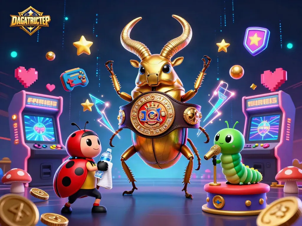 DAGATRUCTIEP showcases an animated boxing beetle in a vibrant casino scene filled with gaming elements.