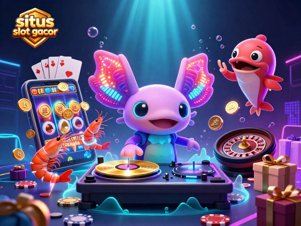 Situs slot gacor menampilkan DJ axolotl 3D berwarna neon dikelilingi elemen permainan kasino yang dinamis dan berwarna-warni.