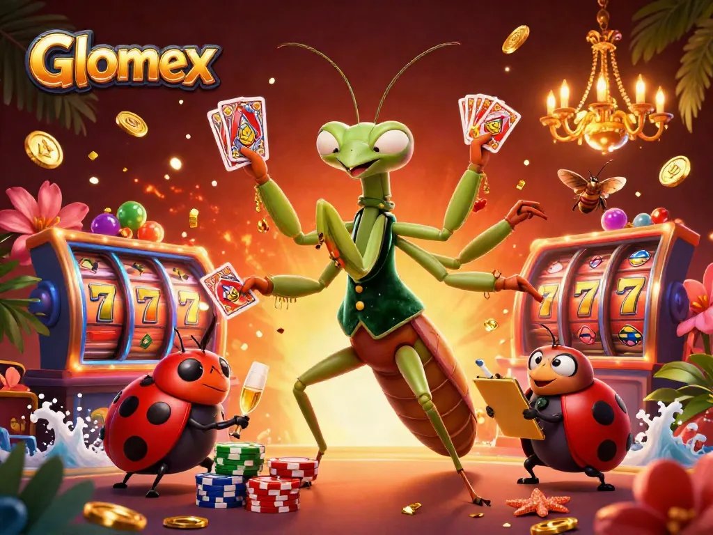 Glomex showcases thrilling slots action with a vibrant casino scene featuring lucky 7s and animated characters.