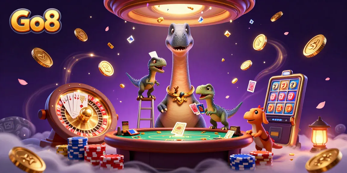 Experience the excitement of Go8 with a whimsical casino scene featuring a towering brontosaurus and a clever raptor.