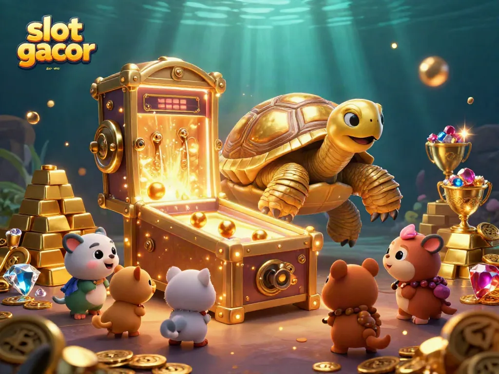 Spin the slot gacor pulsa machine with a colossal golden tortoise and treasure elements.