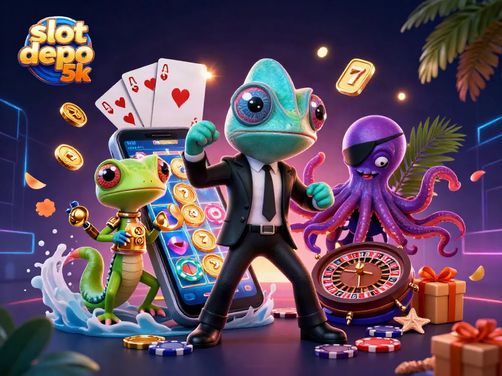 Spin the reels with slot depo 5k, featuring vibrant slot game elements and colorful characters.