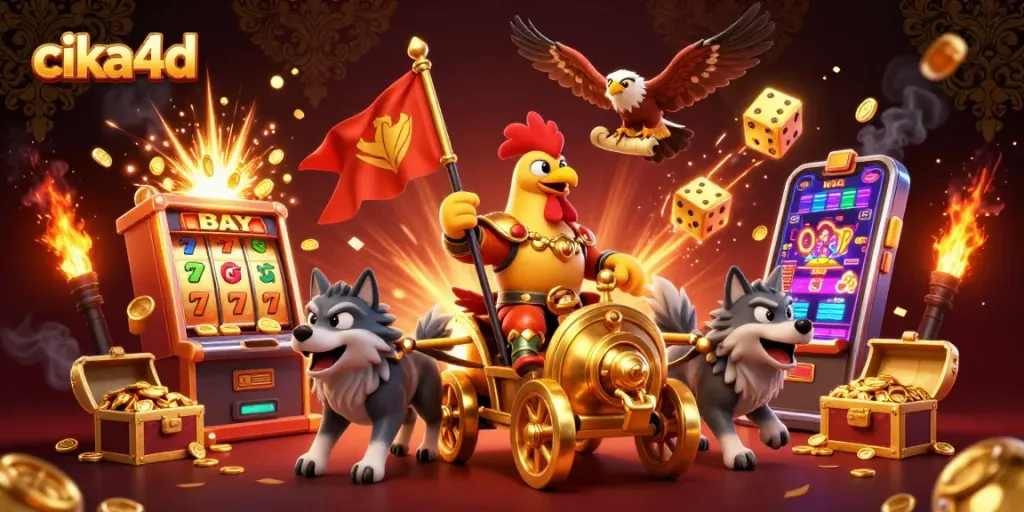 cika4d showcases an epic casino battle scene with a rooster warlord and slot machine jackpots.