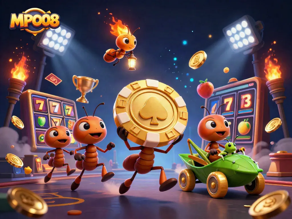 MPO08 heist scene with ants carrying poker chip through a tunnel, filled with slot machine elements.
