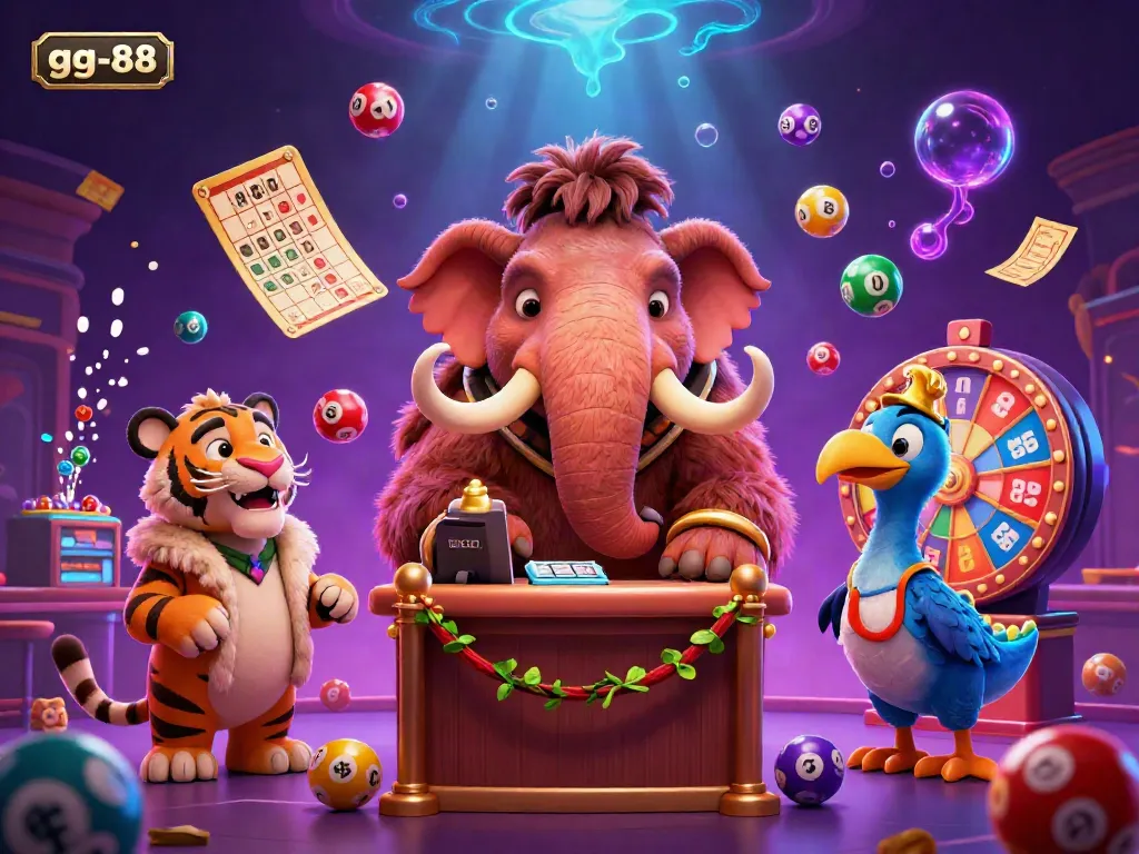 Experience the excitement of gg-88 with a vivid casino scene featuring a mammoth bouncer and colorful lottery elements.