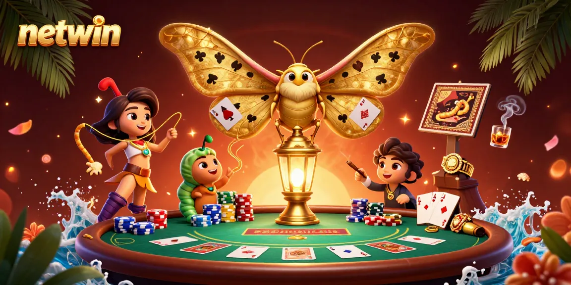 Play exciting games on netwin with vibrant 3D casino illustrations showcasing poker elements and a charming moth.