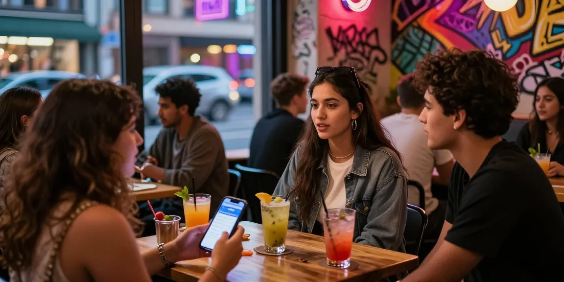 Gái gọi trong không gian quán cà phê trẻ trung với ánh đèn neon và cuộc trò chuyện sôi nổi.