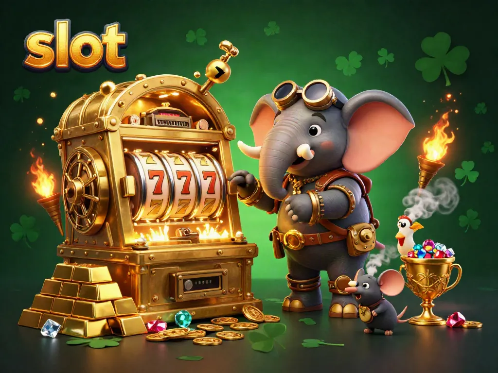 Engage with the vibrant slot scene featuring a steampunk elephant engineer operating a golden slot machine.