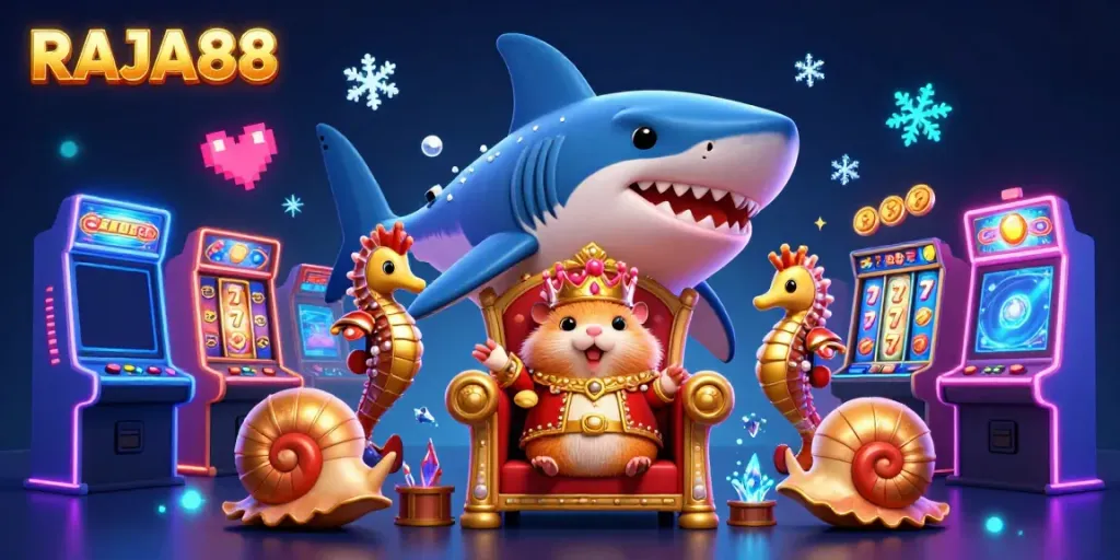 Menggali jackpot di RAJA88 dengan raja hamster emas dan mesin slot berwarna-warni.