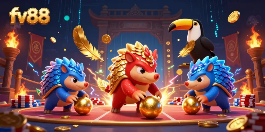 fv88 showcases dynamic pangolin rivals in an exciting casino atmosphere, emphasizing gaming energy and colorful elements.