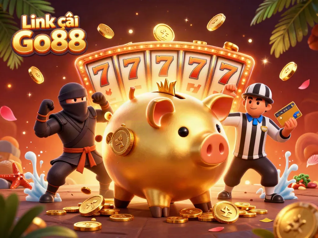 Link vào Go88 features a lively scene with a golden piggy bank sumo wrestler amid slot reels and poker chips.