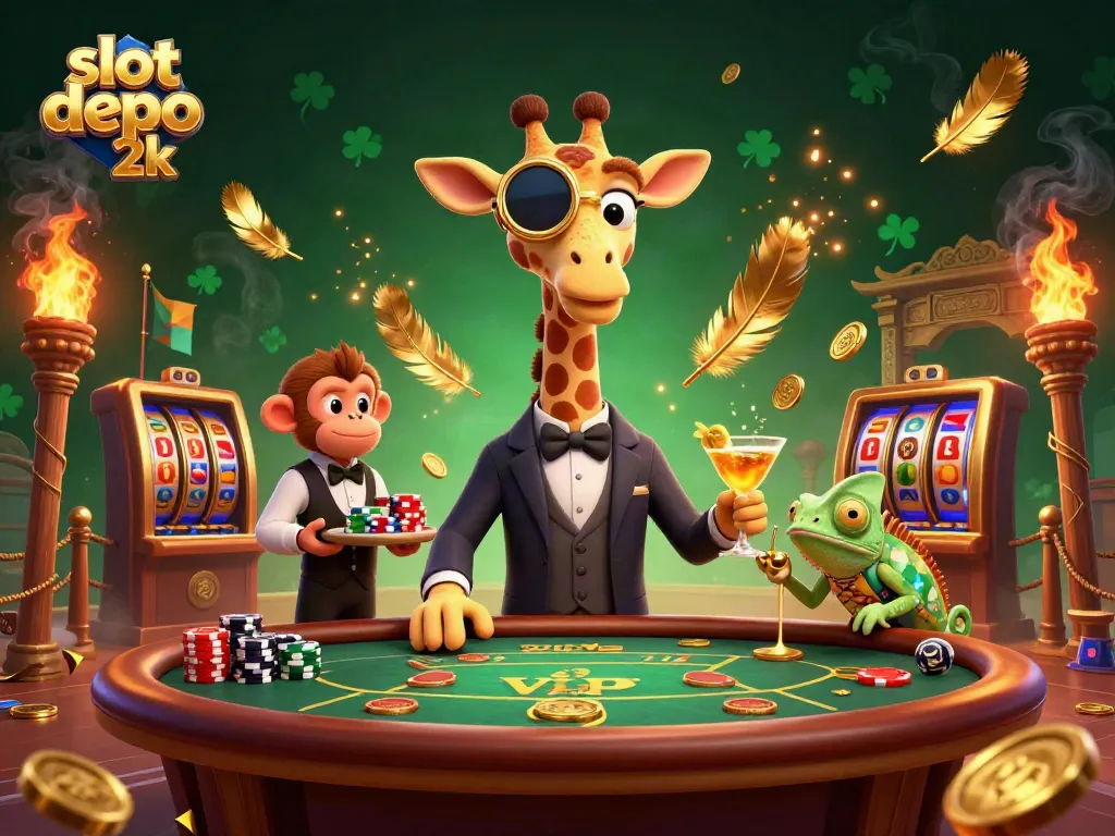Experience exciting gameplay with slot depo 2k featuring a vibrant casino scene with a giraffe and friends.