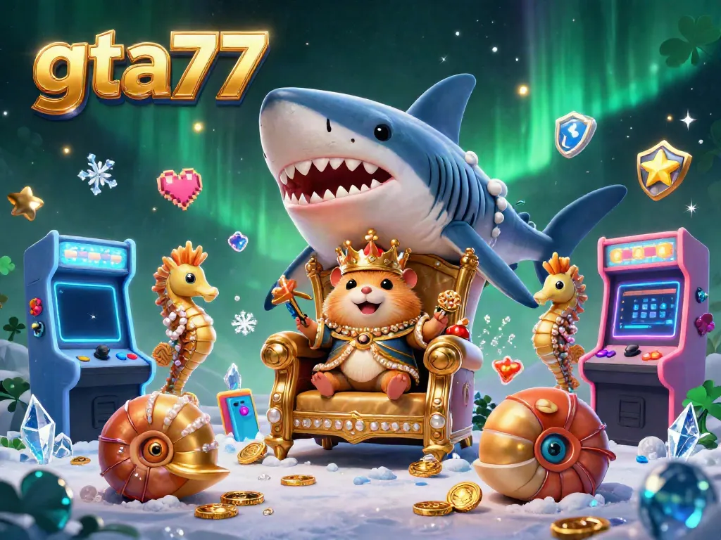 GTA77 menampilkan raja hamster emas dikelilingi mesin permainan 3D dengan efek kasino yang menarik.